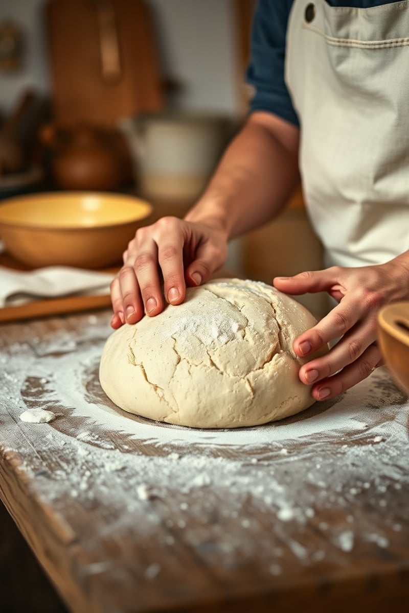 baker hands shaping artisan sourdough dough on a floured wooden bench in a country kitchen, warm ambient light, rustic baking tools nearby