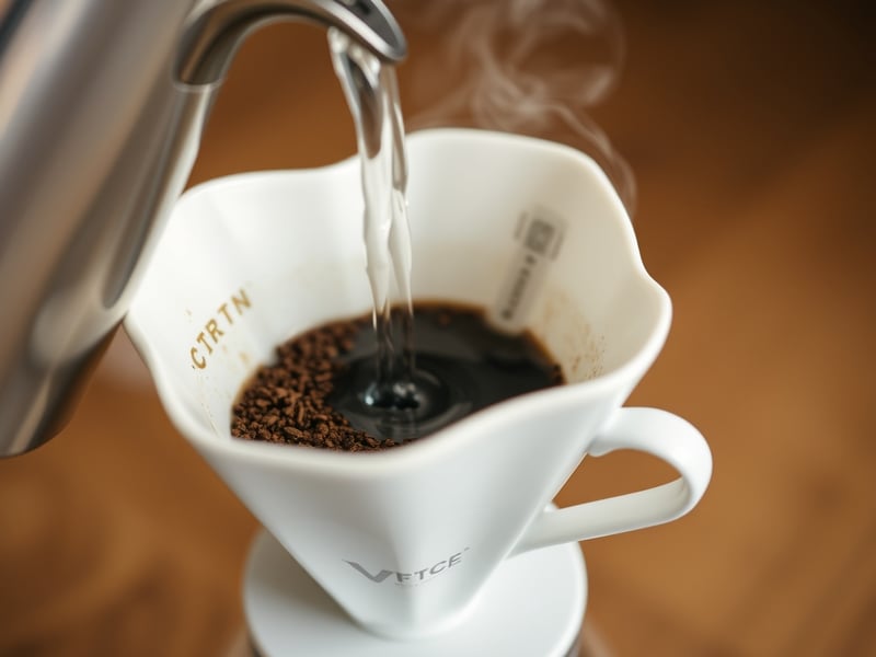 Close-up of gooseneck kettle pouring hot water over single origin coffee grounds in ceramic V60 dripper with steam rising