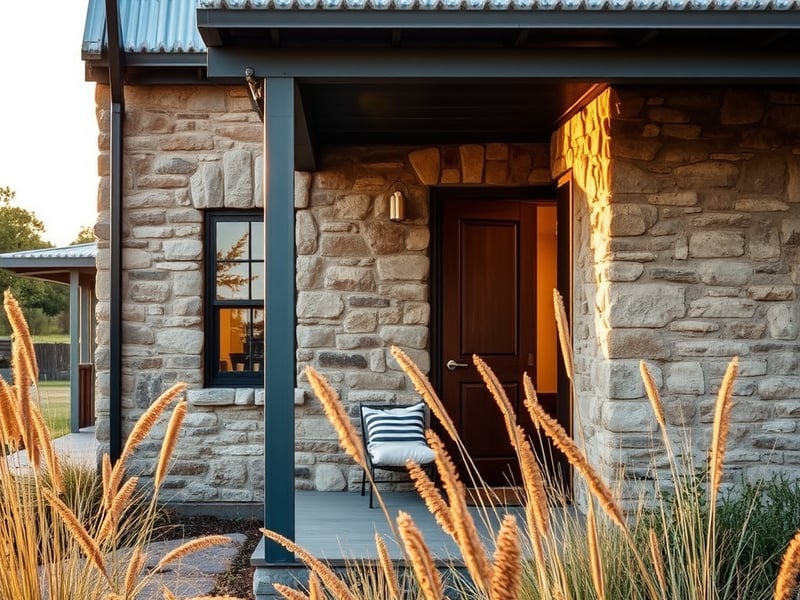 Exterior detail of a restored Australian stone cottage with a new steel-framed verandah, native grasses in the foreground, corrugated iron roof, warm golden hour light, architectural photography