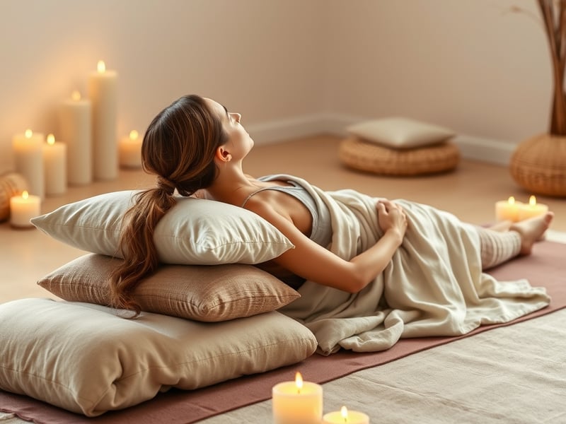 restorative yoga scene with woman supported by bolsters and blankets in a gentle reclined pose, warm candlelight and soft linen textures in a peaceful studio
