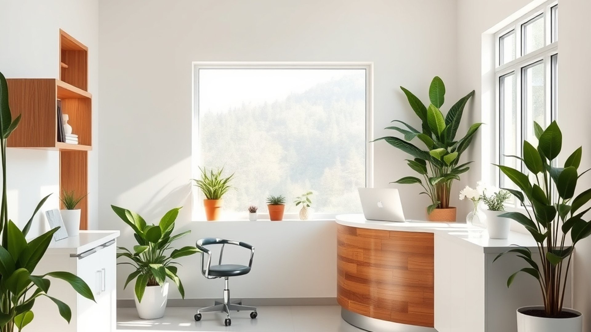 a warm modern dental clinic reception area with natural light, white walls, green indoor plants, and a welcoming wooden front desk, soft morning light streaming through large windows, professional hea