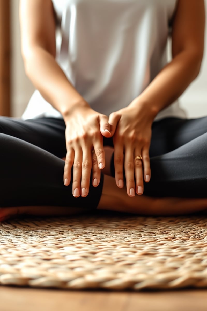 Close-up of hands resting on knees in a seated meditation pose on a woven jute yoga mat, soft diffused natural light, shallow depth of field, warm earth tones
