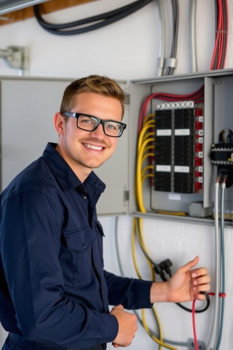 a friendly electrician in a navy work shirt and safety glasses smiling while inspecting a residential switchboard in a clean garage in Newcastle Australia