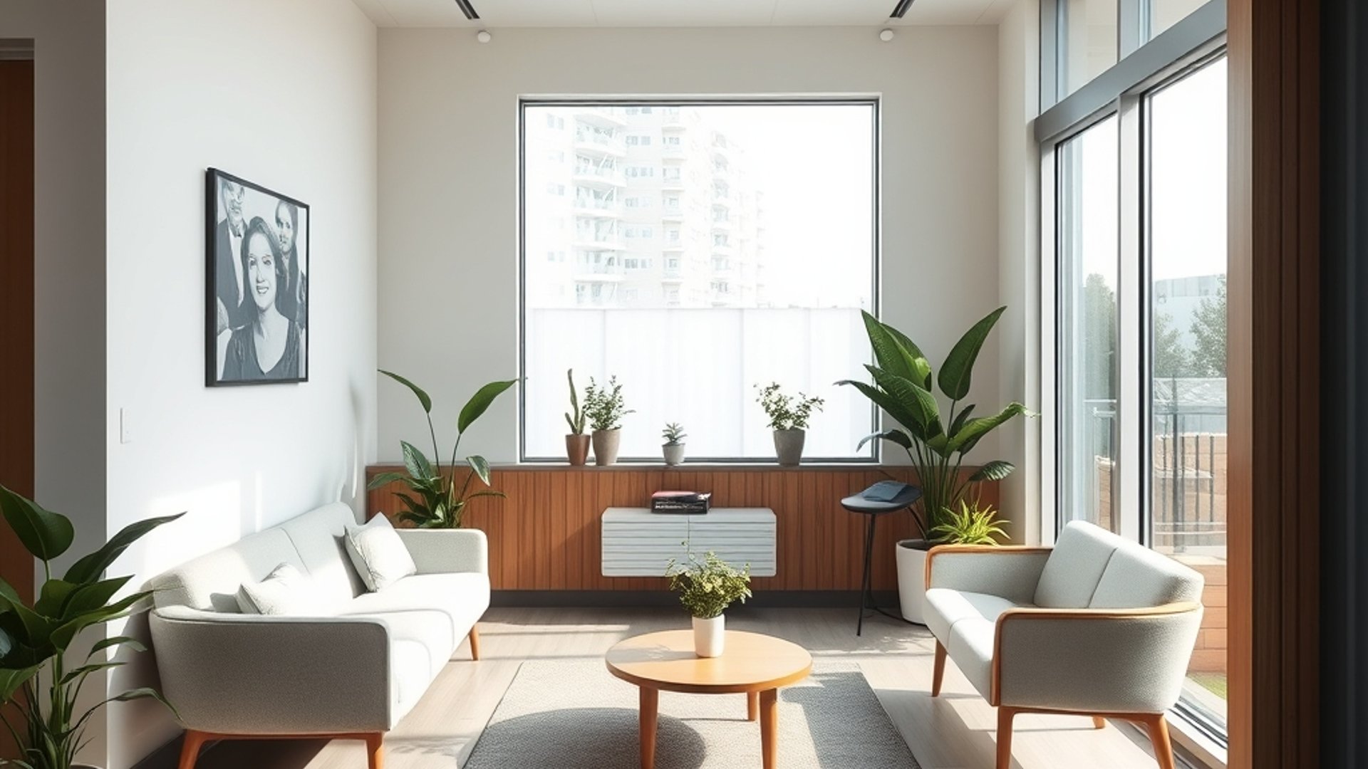 a calm modern GP clinic waiting room with soft natural light, indoor plants, comfortable seating, neutral coastal tones, timber accents, Newcastle East Australia