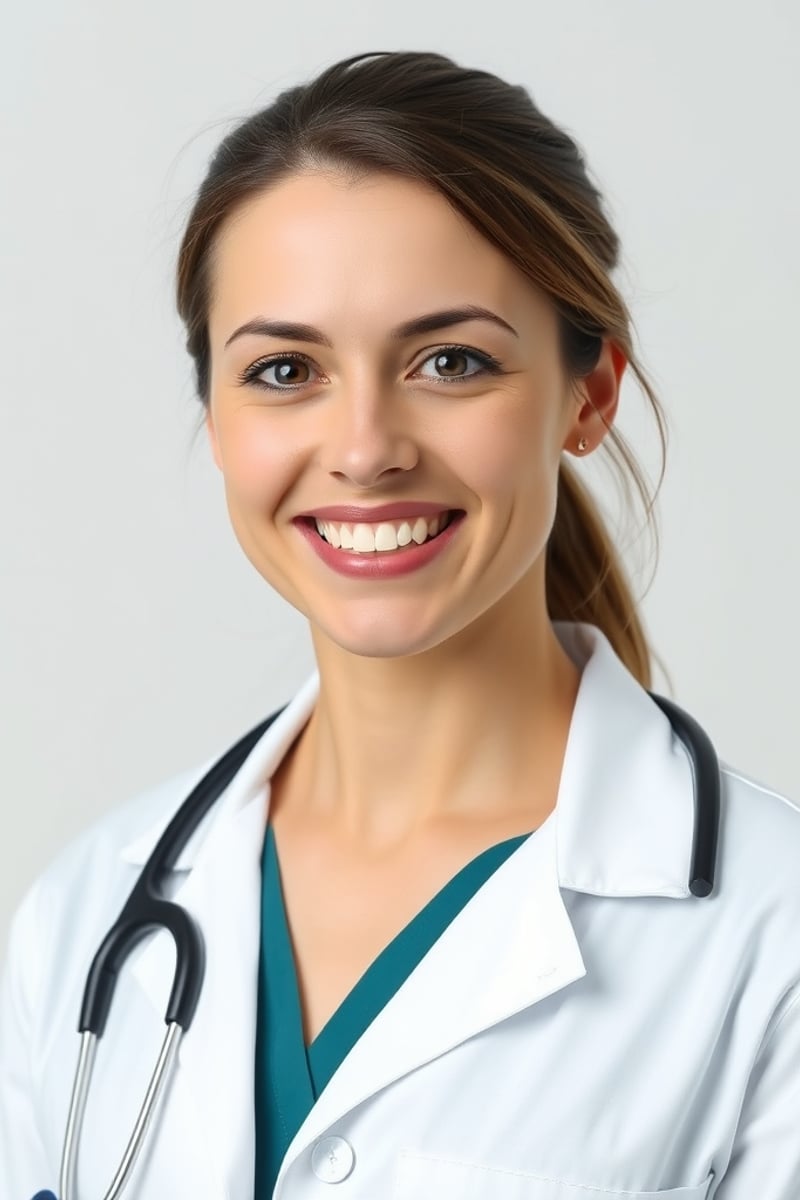 professional female GP doctor headshot portrait, warm smile, white coat, soft studio lighting, neutral background, approachable Australian doctor
