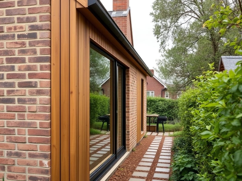 A narrow contemporary timber-clad side addition to a brick cottage, vertical batten cladding, large sliding glass door, native garden path, overcast soft light, architectural photography