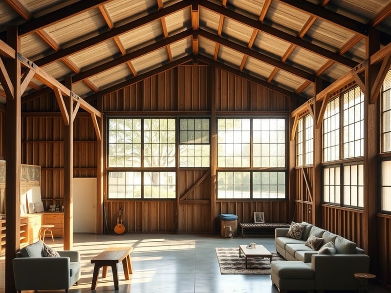 Interior of a converted Australian dairy shed into a studio space, exposed timber beams, polished concrete floor, large north-facing windows, minimal furniture, warm afternoon light, architectural int