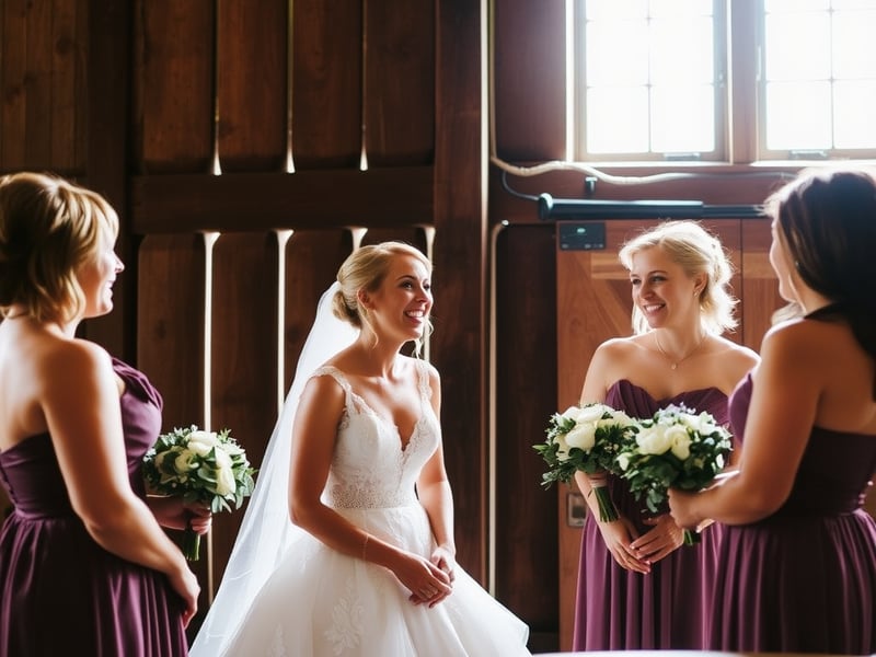 Documentary wedding photography of a bride laughing with bridesmaids in a rustic Hunter Valley barn, soft natural window light, candid unposed moment, warm earthy tones