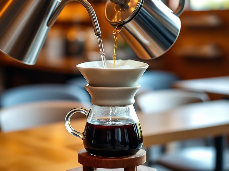 pour-over coffee being brewed with a gooseneck kettle, steam rising, ceramic dripper on a timber stand, warm cafe interior