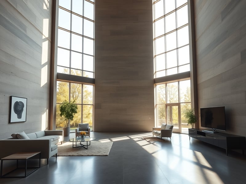 A professional architectural photograph of a completed building interior, wide-angle lens, natural light streaming through large windows, polished concrete floor, minimalist furniture, warm neutral to
