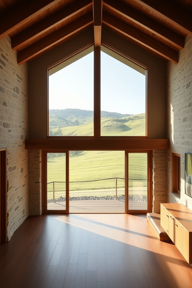 Interior of a restored Australian country cottage with exposed stone walls, modern timber joinery, a large window overlooking rolling green hills, natural light, warm minimal interior design