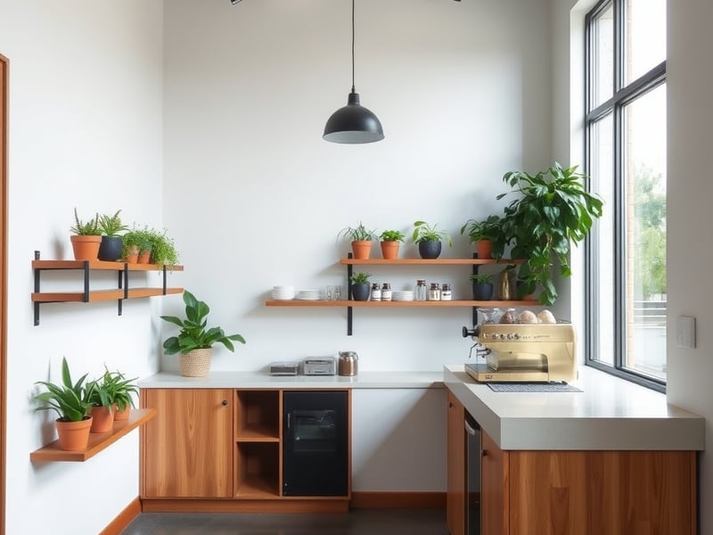 interior of a small minimalist coffee bar with polished concrete floors, warm timber shelving, potted greenery, soft natural light from a large window, clean white walls and brass espresso machine det