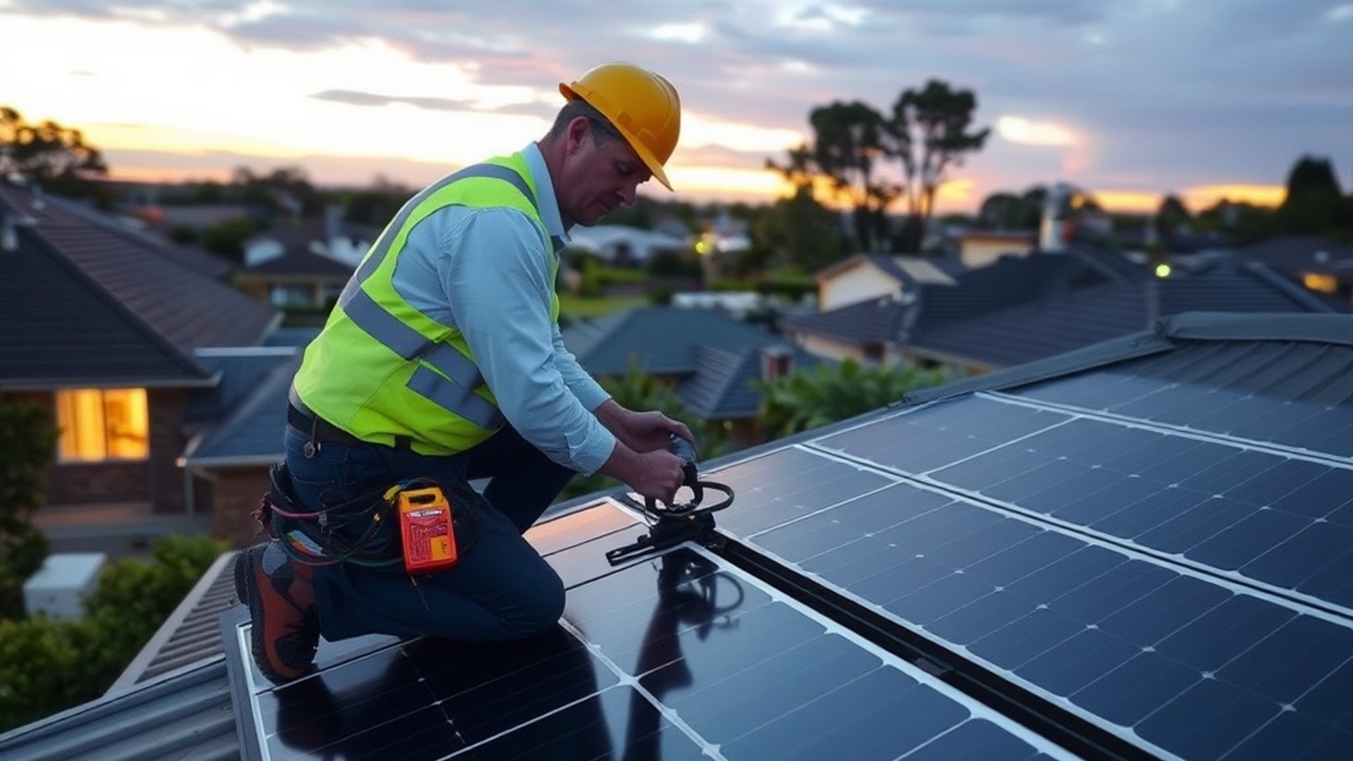 a licensed electrician installing solar panels on a weatherboard home roof in Newcastle NSW Australia at golden hour with suburban neighbourhood visible