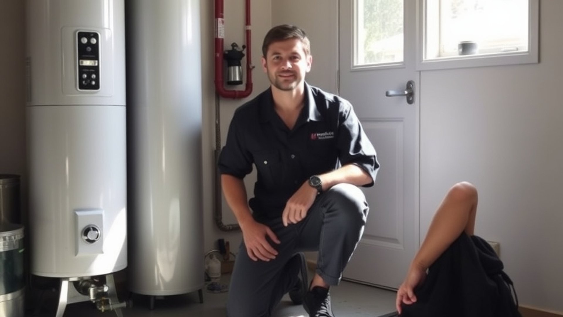 A licensed plumber in a navy work shirt kneeling beside a residential hot-water system in a clean garage, warm daylight streaming through a window, tools neatly organised on a rubber mat, Australian s