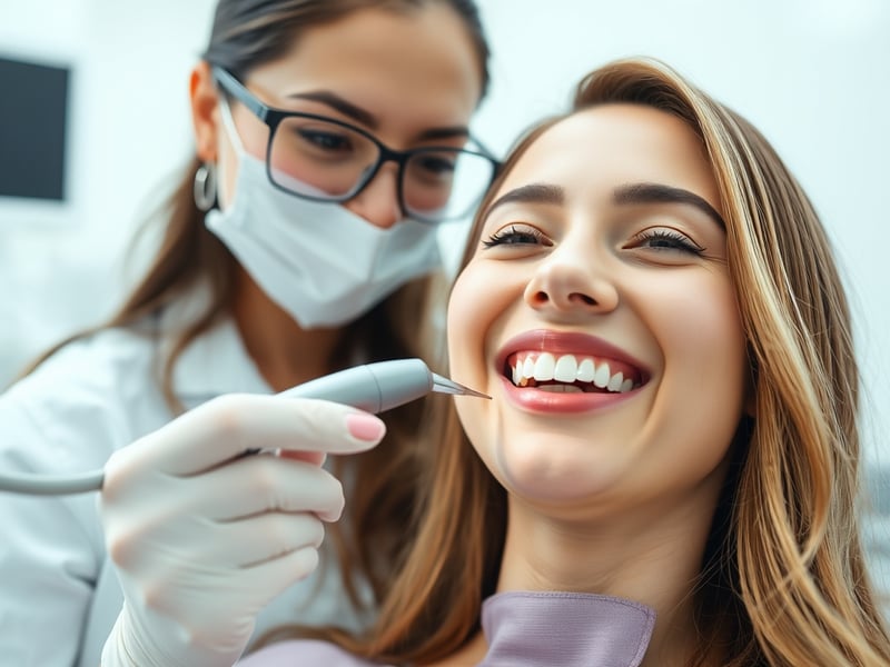 a dental hygienist using an ultrasonic scaler on a smiling patient in a bright modern dental clinic, clean white interior, soft natural lighting, close-up professional healthcare photography
