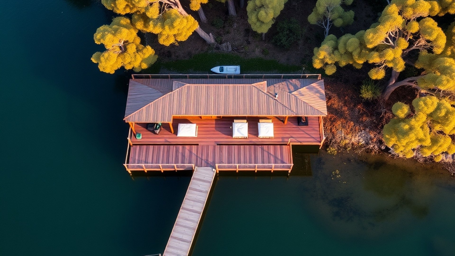 Aerial photograph of a modern timber boathouse with five bedrooms on the shores of Lake Macquarie NSW, private jetty extending into calm blue water, surrounded by native eucalyptus trees, golden after