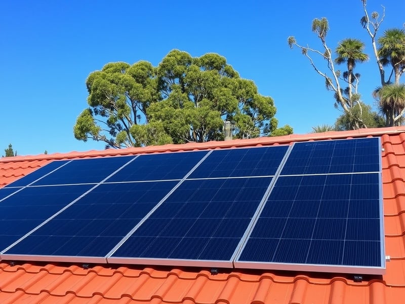 solar panels installed on a red tiled suburban roof in Newcastle Australia with blue sky and gum trees in background
