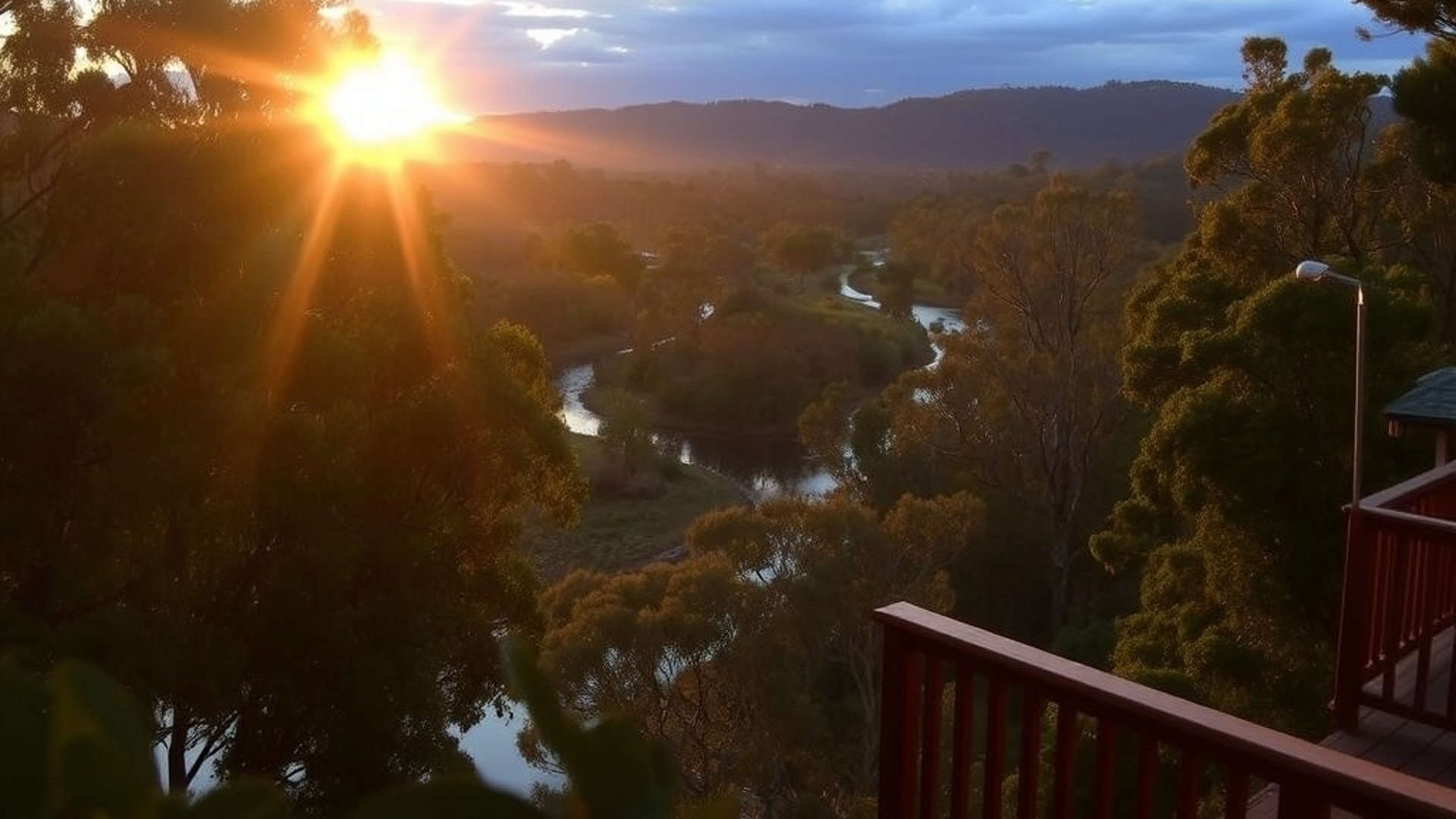 the sun rising over the Wollombi River, viewed from a wooden deck of a boutique lodge surrounded by eucalyptus trees and native bushland, soft golden morning light, Hunter Valley NSW Australia