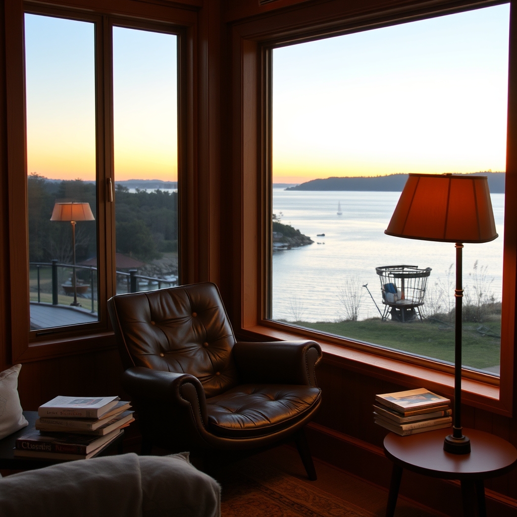 Cozy reading nook by a large window overlooking Lake Macquarie, leather armchair, stack of books, warm lamp light, timber walls, Australian coastal interior design, evening atmosphere