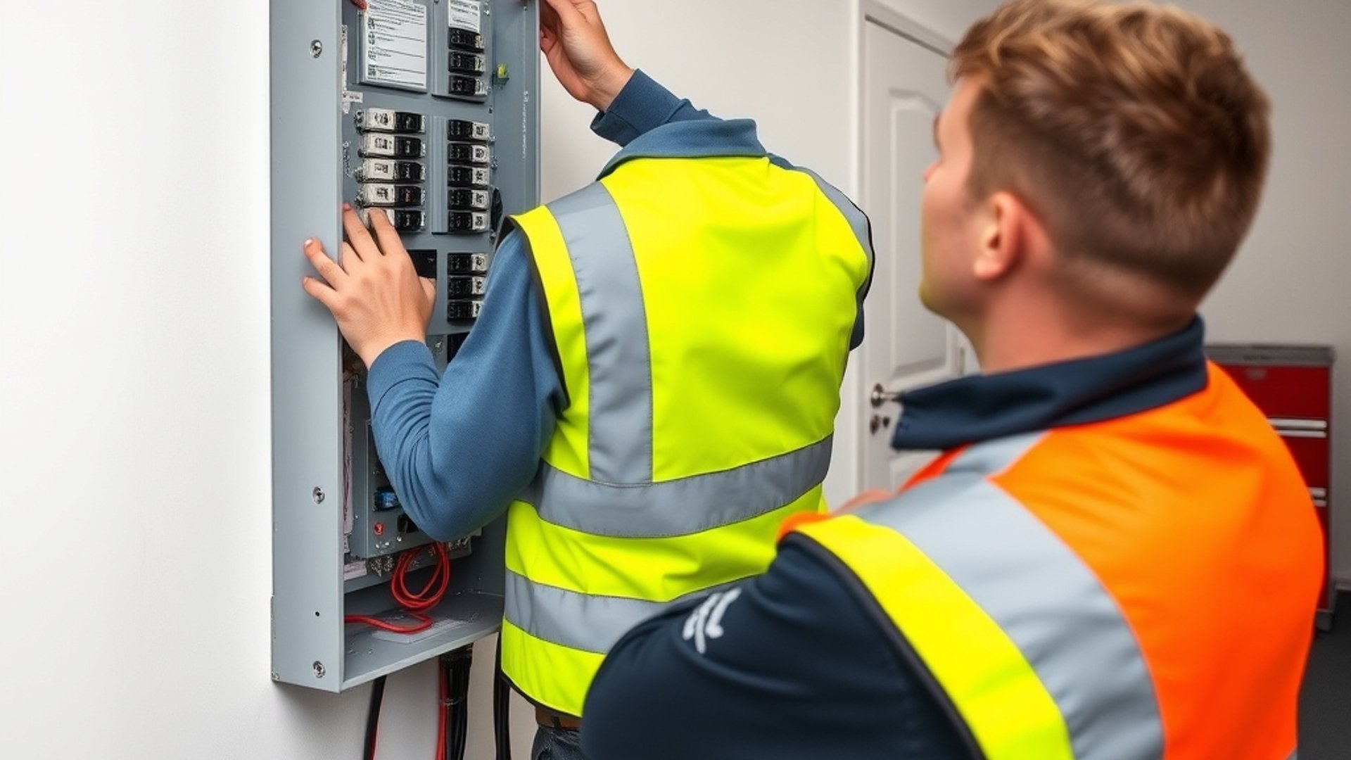 a professional electrician in a high-vis shirt installing a modern residential switchboard in a bright clean garage in Cardiff NSW Australia