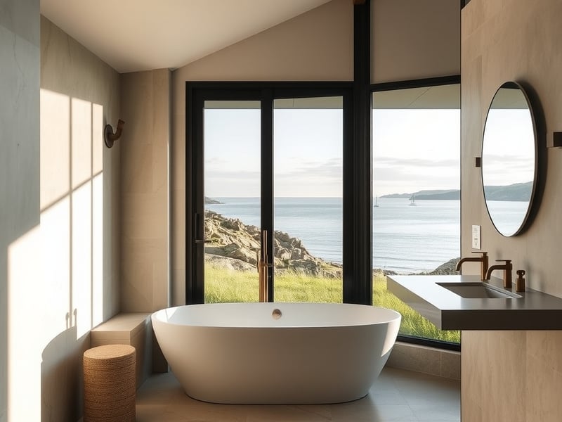 Luxurious bathroom in a modern Australian coastal home, freestanding bathtub beside floor-to-ceiling window overlooking Lake Macquarie, natural stone tiles, brass fixtures, soft natural light