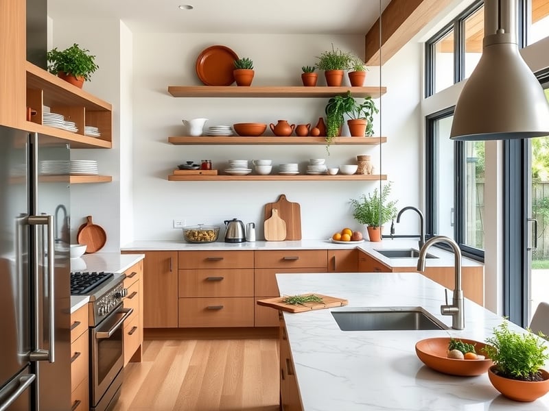Gourmet kitchen in a modern Australian coastal home, marble island bench, stainless steel appliances, open shelving with ceramic dishes, fresh herbs in terracotta pots, natural light from large window