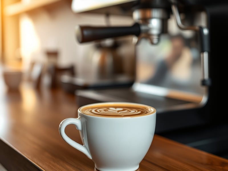 close-up of latte art in a ceramic cup on a timber cafe counter, espresso machine in soft background blur, warm morning light
