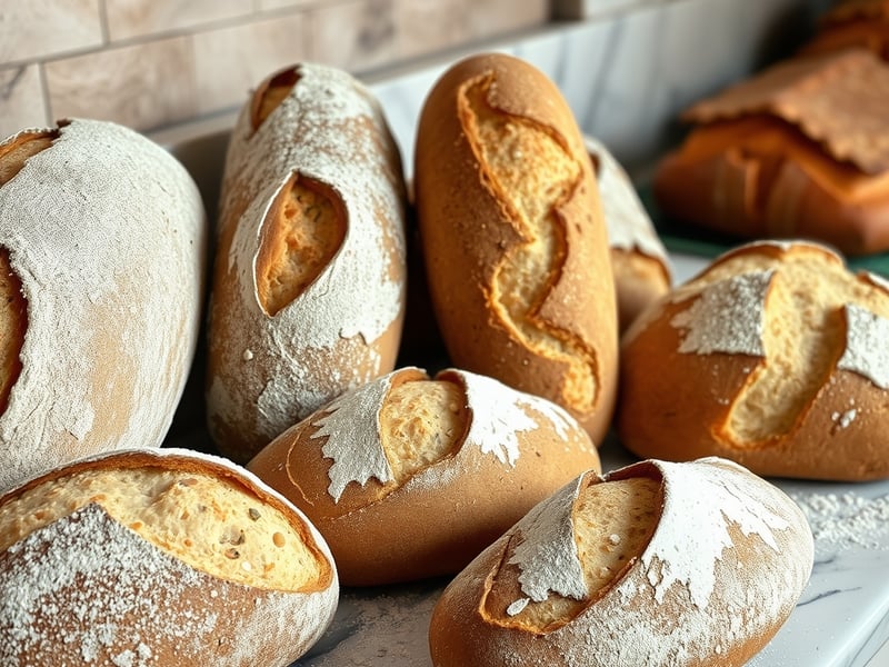 assorted crusty artisan sourdough loaves arranged on a flour-dusted marble bench, deep golden crusts, warm bakery lighting