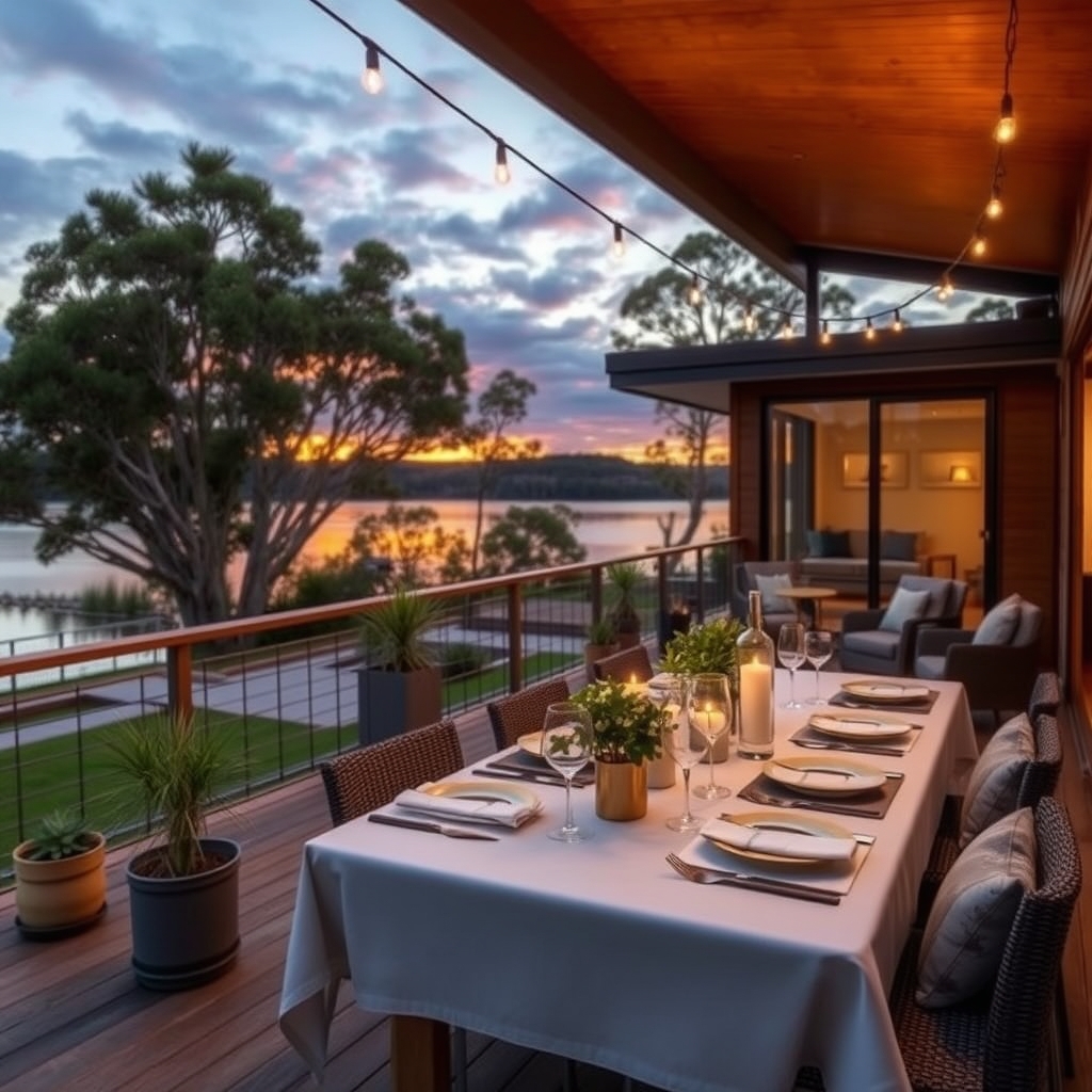 Outdoor timber deck of a modern Australian lake house at sunset, dining table set for dinner, string lights, native plants in pots, view of Lake Macquarie water, warm golden light