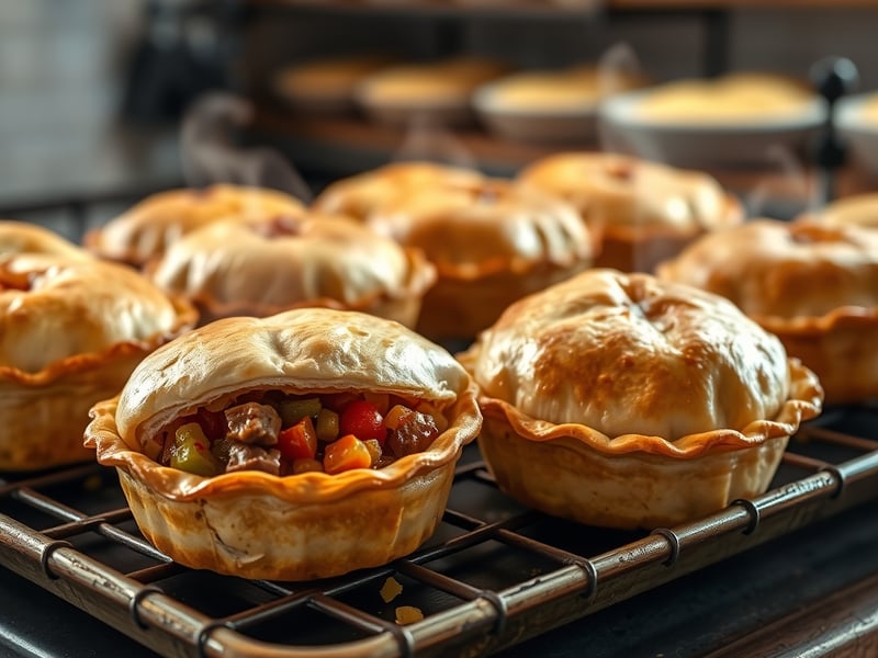 golden flaky beef and vegetable pies on a rustic metal baking tray, steam rising, country-style bakery kitchen background