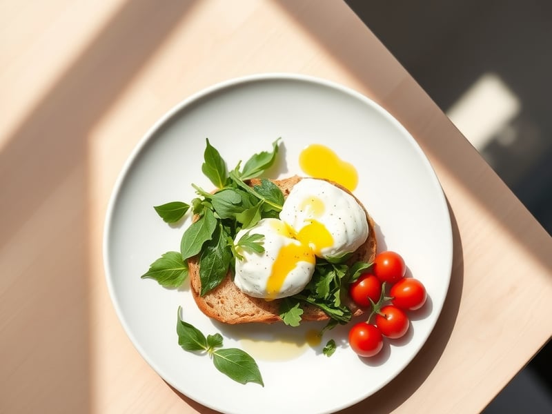 a simple breakfast plate with poached eggs on sourdough, fresh greens, cherry tomatoes and a drizzle of olive oil, white ceramic plate on a light timber table, natural daylight, clean food photography