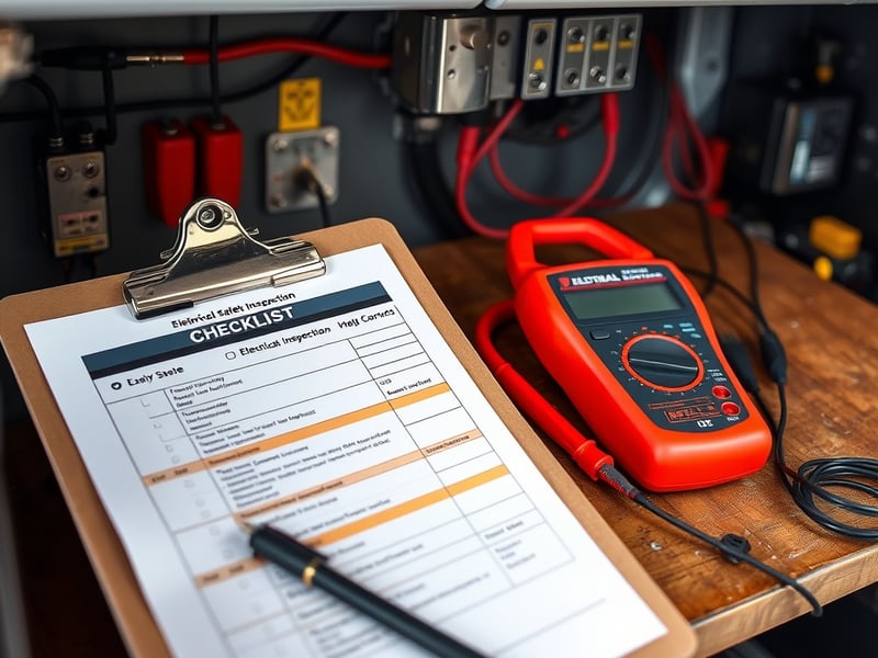a detailed electrical safety inspection checklist on a clipboard next to a professional multimeter on a workbench in an Australian electrical van