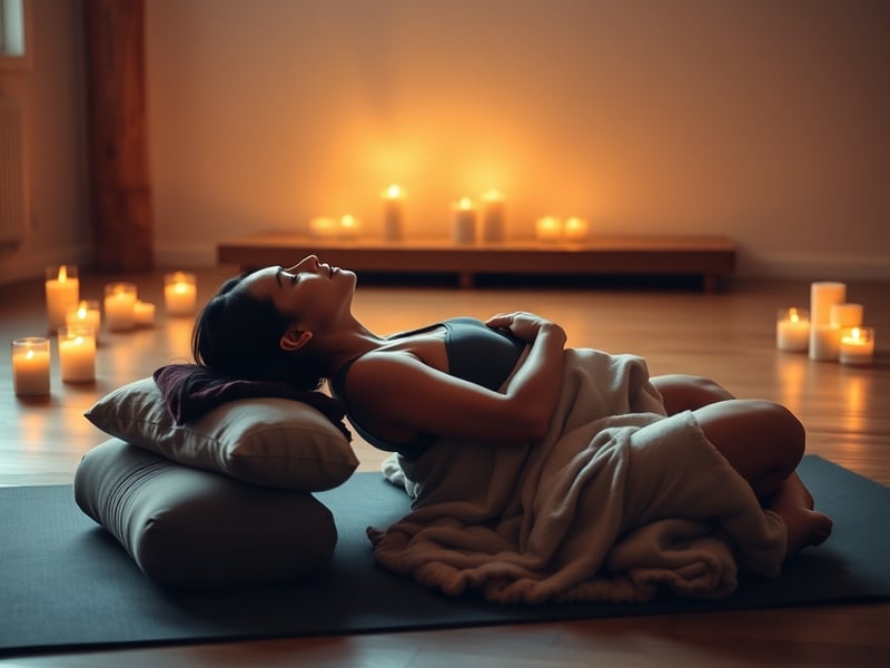 A person relaxing in a restorative yin yoga pose with bolsters and blankets in a candlelit studio, soft warm ambient lighting, deeply peaceful mood