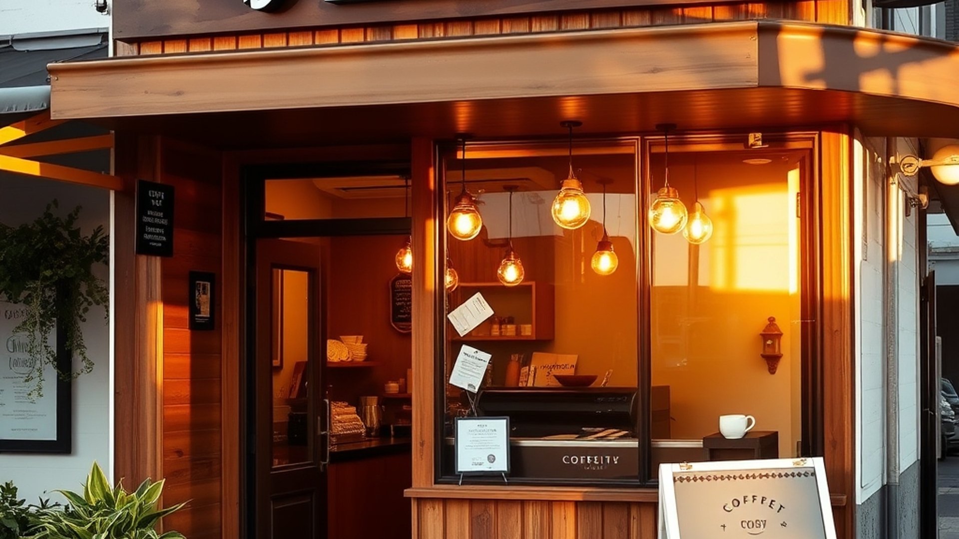 Cozy Australian specialty coffee shop exterior with timber facade and warm morning light in Newcastle East beachside neighbourhood