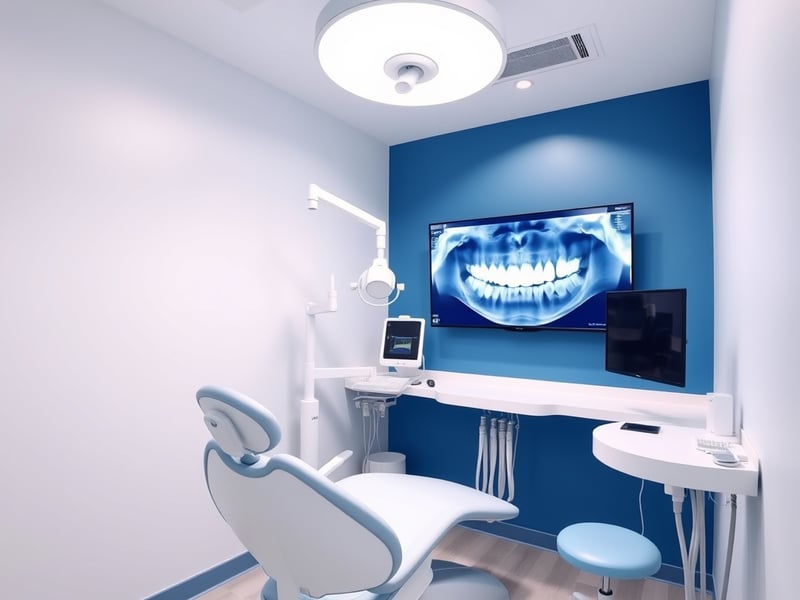 a modern dental examination room with a white dental chair, overhead light, and digital x-ray screen, clean minimalist design with soft blue and white tones, professional clinical photography