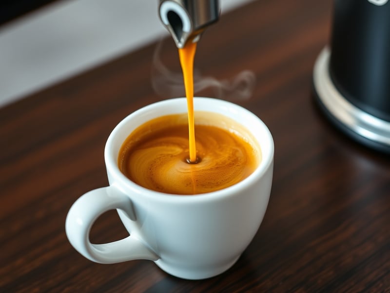 close-up of espresso extraction into a white ceramic cup, rich golden crema, dark walnut bench, soft natural side light, steam rising, minimal Australian cafe aesthetic