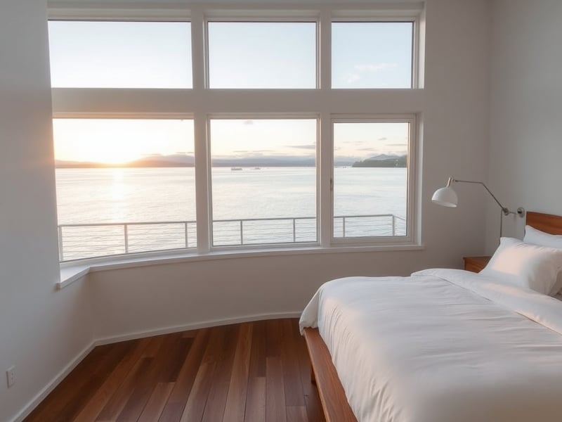 Modern Australian boathouse master bedroom with king bed, crisp white linen, timber floorboards, large window overlooking Lake Macquarie at sunrise, soft natural light, minimalist coastal interior des