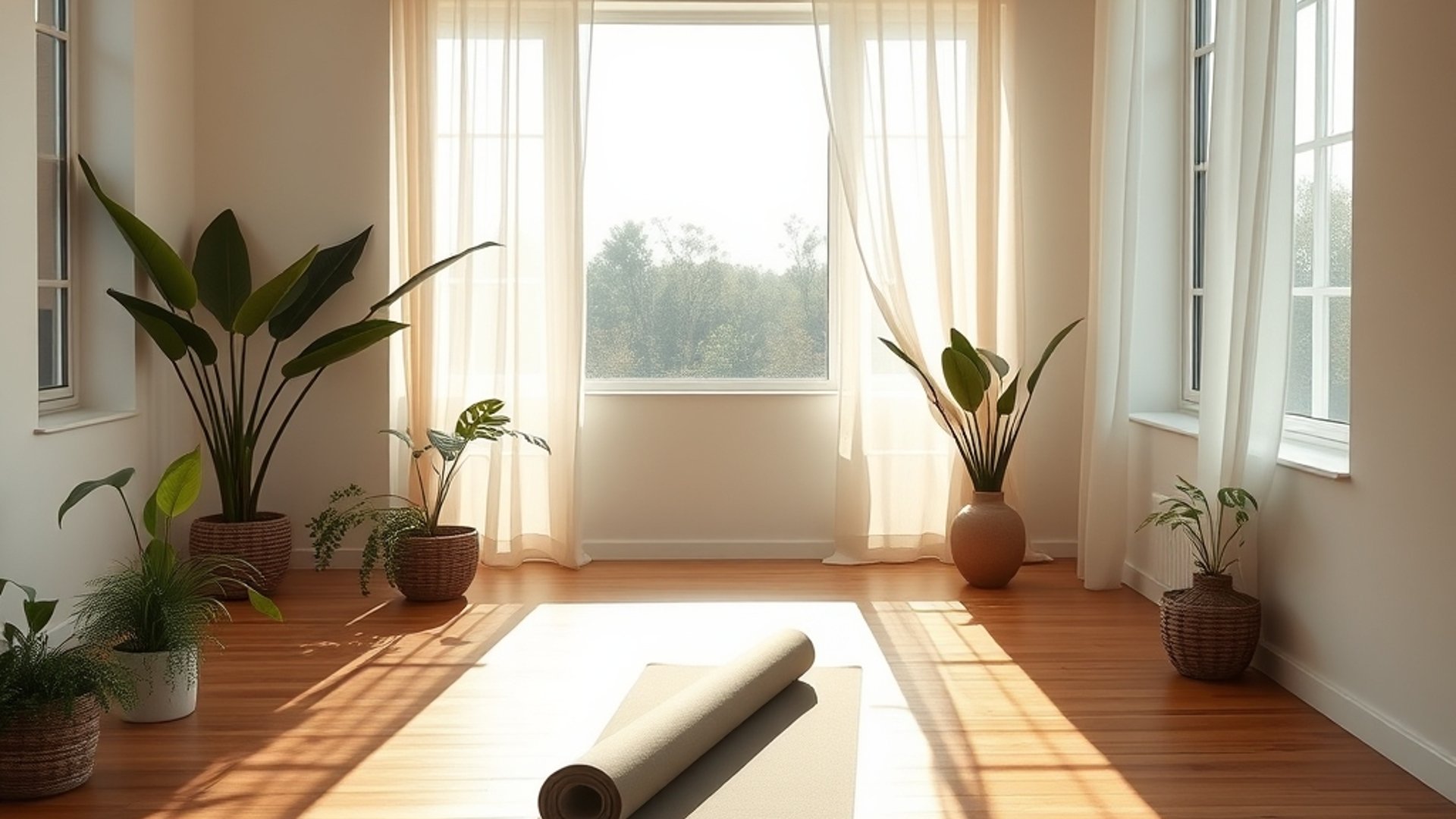 sunlit minimalist yoga studio interior with wooden floorboards, white walls, large windows with sheer curtains, green plants, and a single yoga mat rolled out, soft morning light
