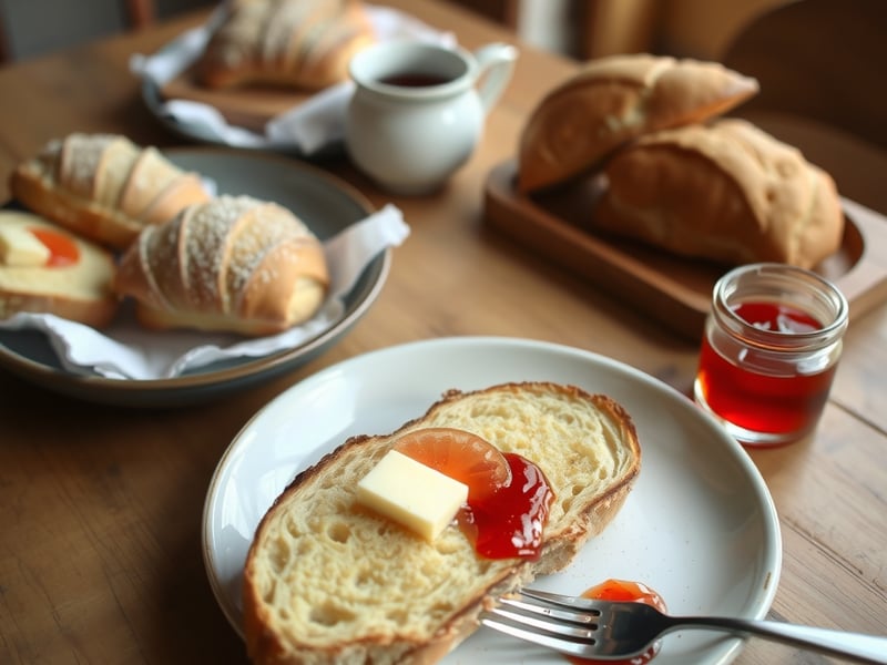 freshly baked pastries and sourdough toast on a ceramic plate, butter and jam, rustic timber table, warm natural light