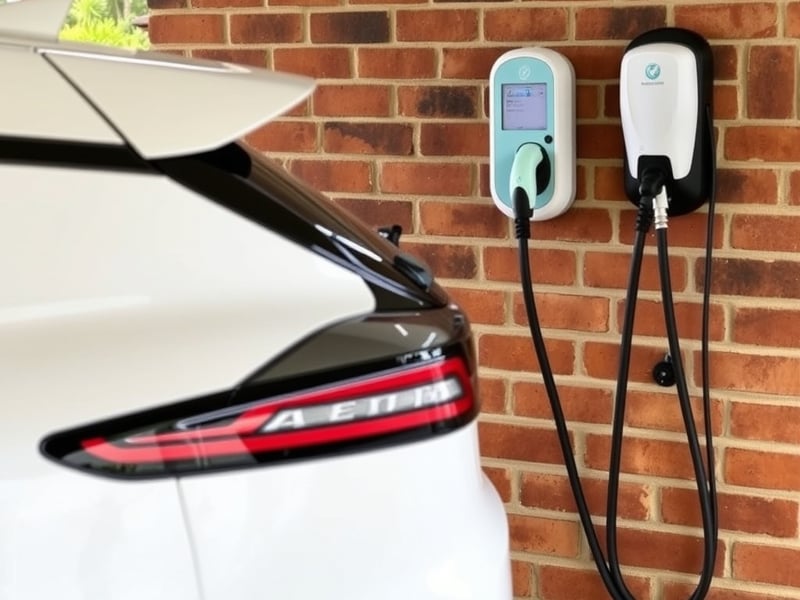 a white electric vehicle charging at a home EV charger mounted on a brick garage wall in suburban NSW Australia