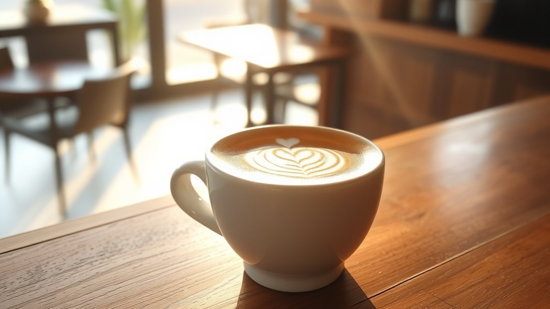 Specialty coffee latte art in white ceramic cup on warm timber cafe counter with morning light streaming through window
