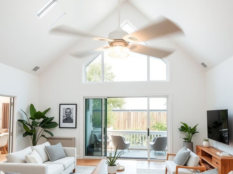 a modern white ceiling fan with lights spinning in a bright Australian coastal style living room with high ceilings