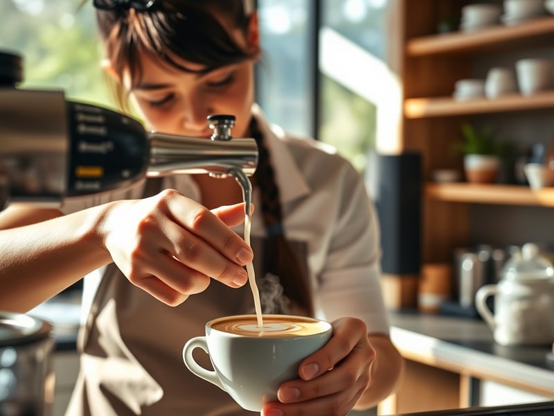 Barista carefully pouring steamed milk into ceramic cup creating latte art in warm sunlit Australian cafe with timber shelves