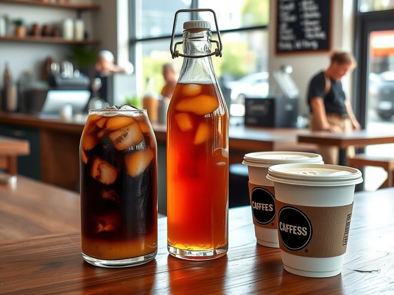 Cold brew coffee in glass bottle with ice on timber counter next to takeaway coffee cups in bright Australian cafe