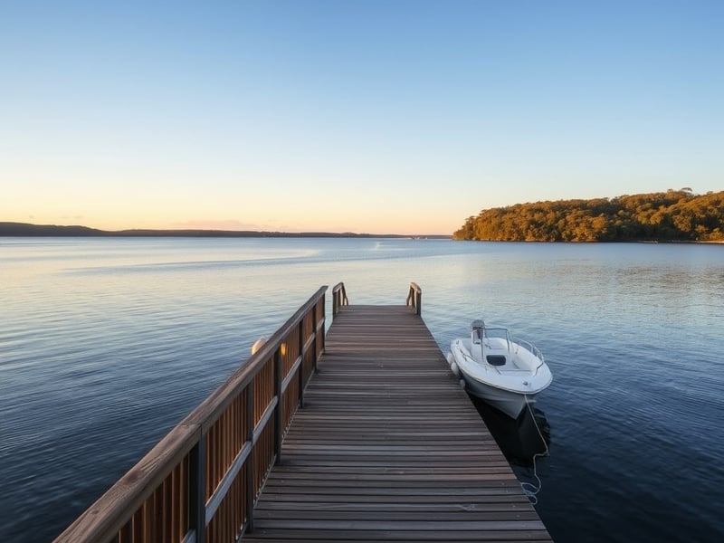Private timber jetty extending over calm blue water of Lake Macquarie at golden hour, small motorboat moored alongside, native bushland in background, Australian coastal lifestyle photography