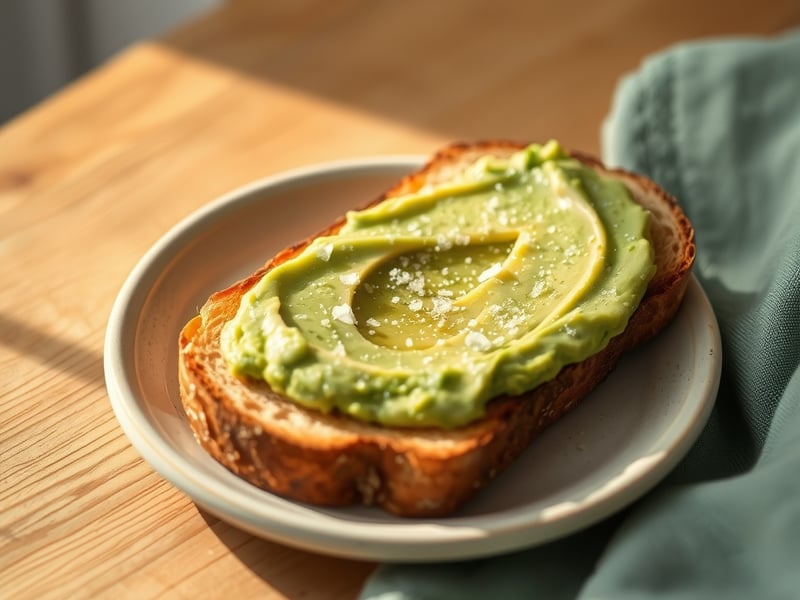 a thick slice of golden sourdough toast on a ceramic plate topped with smashed avocado, sea salt flakes and lemon zest, soft morning light on a timber table, minimalist styling