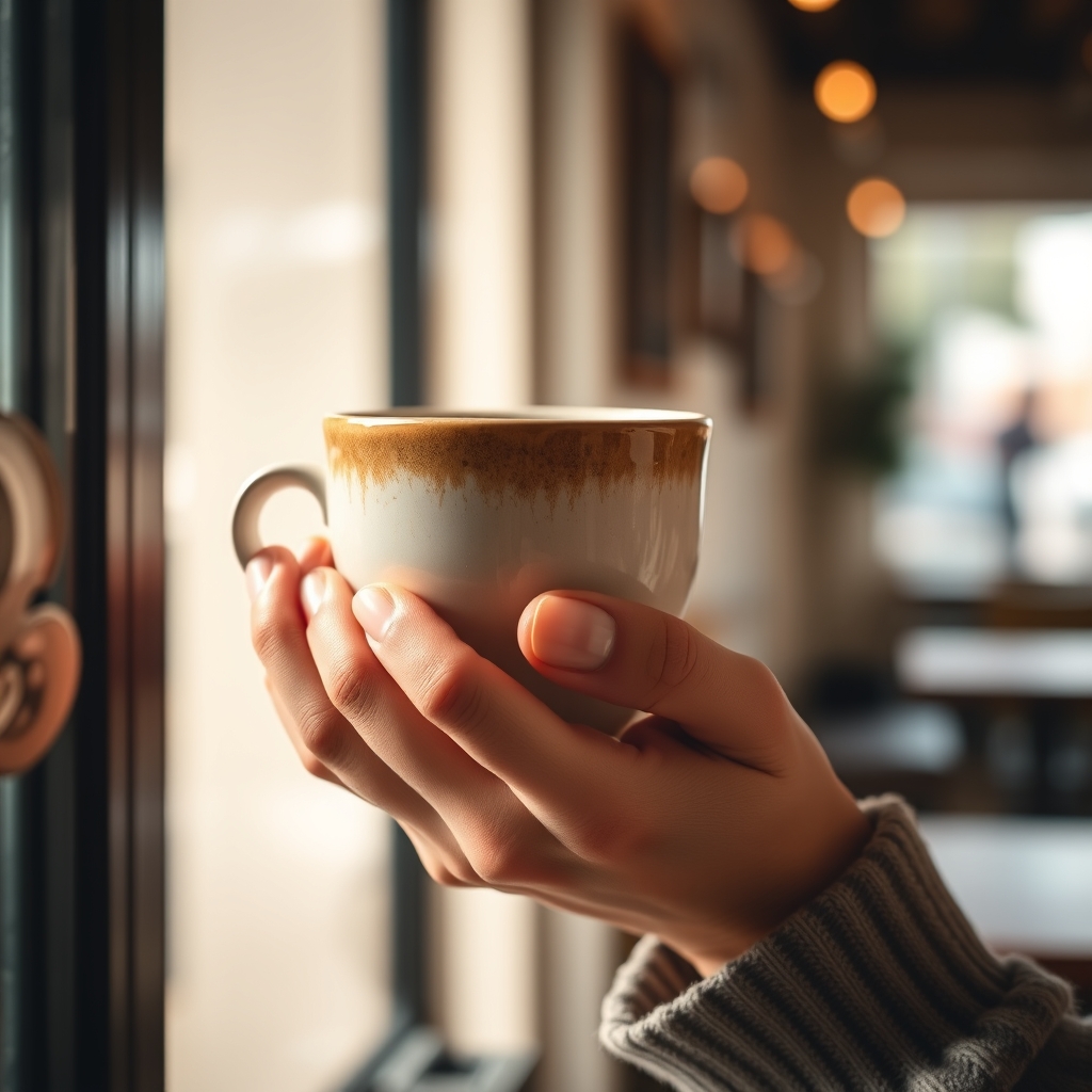 close-up of hands holding a warm ceramic coffee cup near a cafe window, soft bokeh background, warm neutral tones, natural daylight, minimal styling