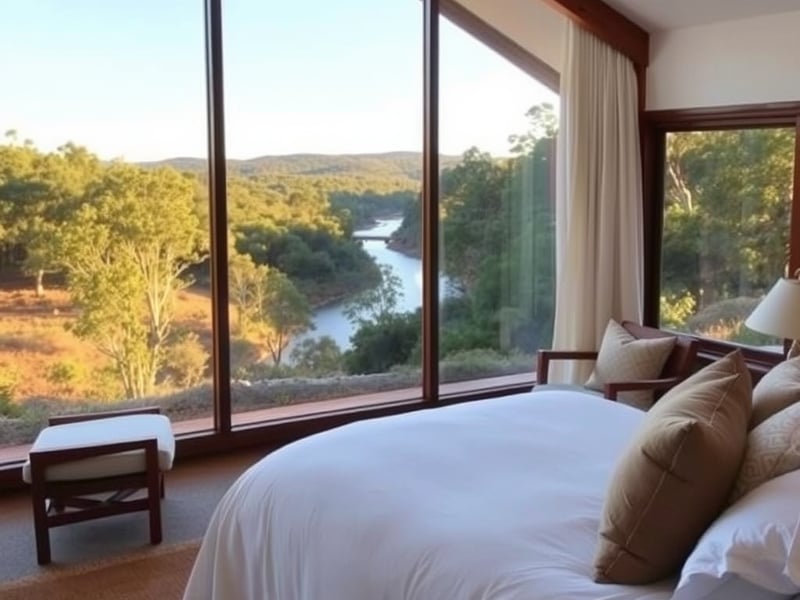 the interior of a cosy boutique lodge room with crisp white linen, timber furniture, a woven rug, and a large window overlooking Australian bushland and the Wollombi River, warm afternoon light