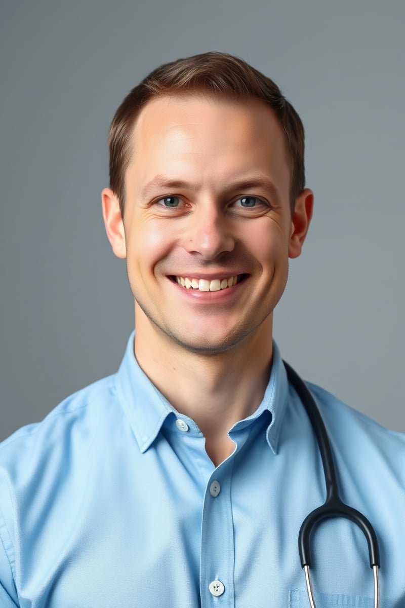 professional male GP doctor headshot portrait, friendly expression, light blue shirt, soft studio lighting, neutral background, approachable Australian doctor
