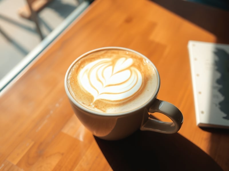 Artisan flat white coffee in ceramic cup with rosetta latte art on warm timber cafe table with morning sunlight